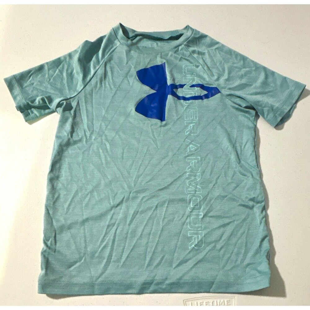 Under Armour HeatGear Boys YS, Aqua Blue Loose Short Sleeve Crew T-Shirt